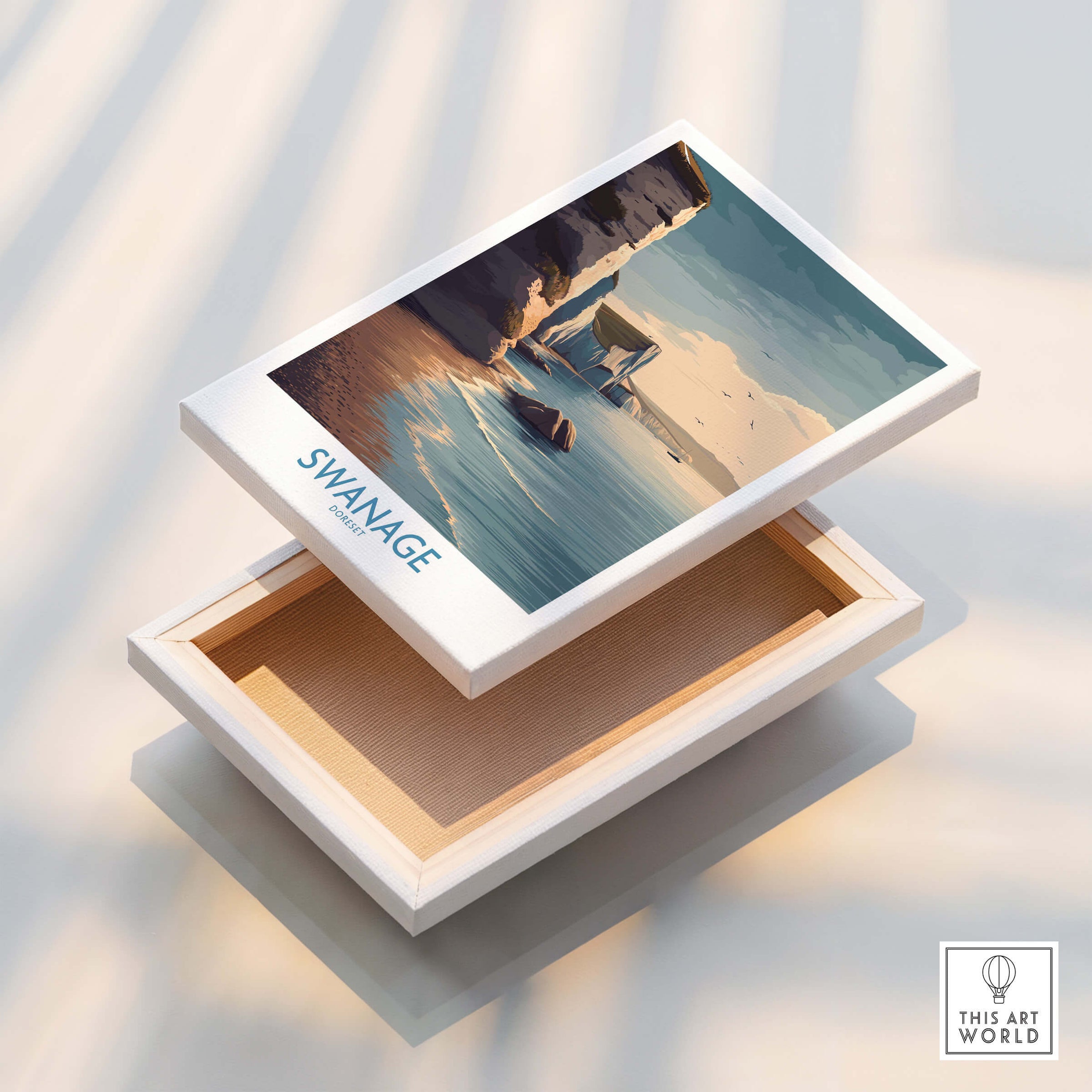 Swanage Poster Dorset | White Cliffs Coastal Landscape Canvas Print displayed on a beautiful box.