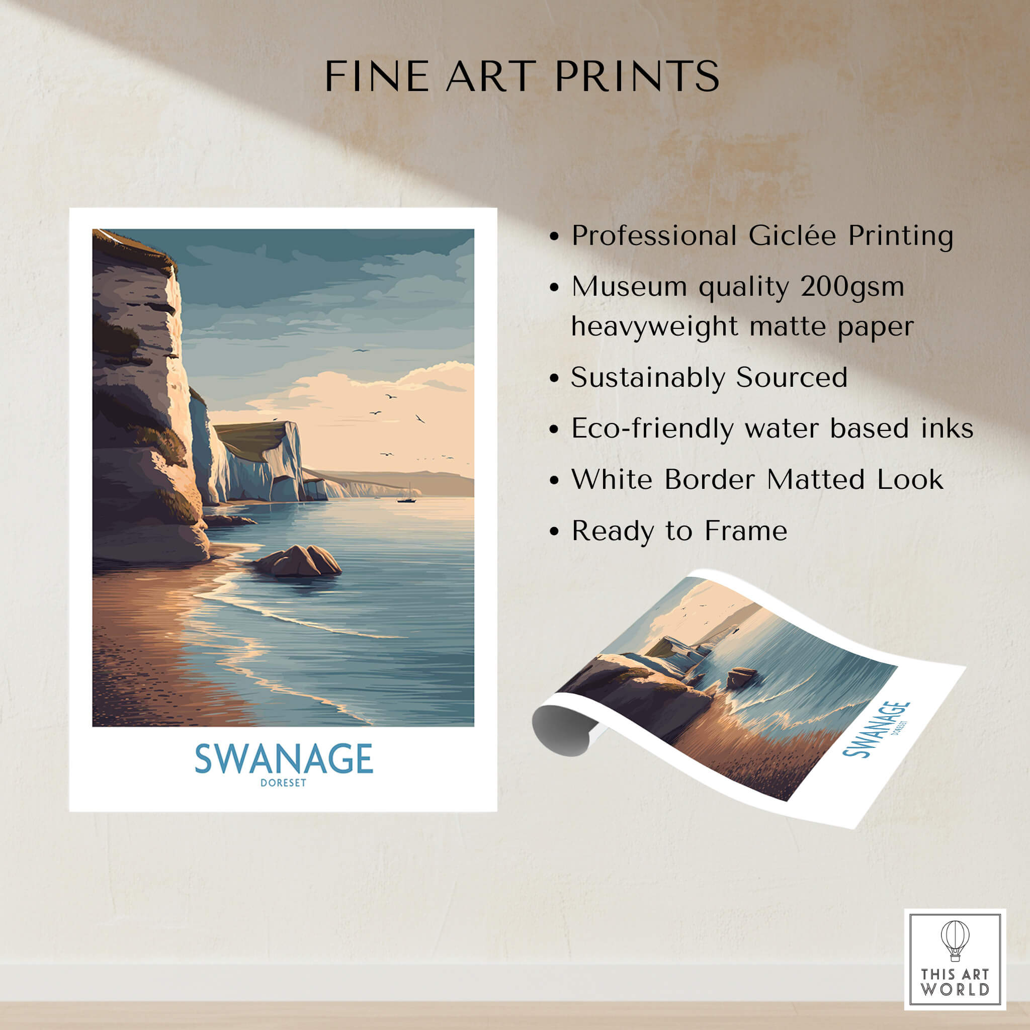 Swanage Poster Dorset | White Cliffs Coastal Landscape Canvas Print showcasing stunning white cliffs over turquoise waters.