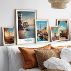 Swanage Poster Dorset | White Cliffs Coastal Landscape Canvas Print displayed with other travel posters.