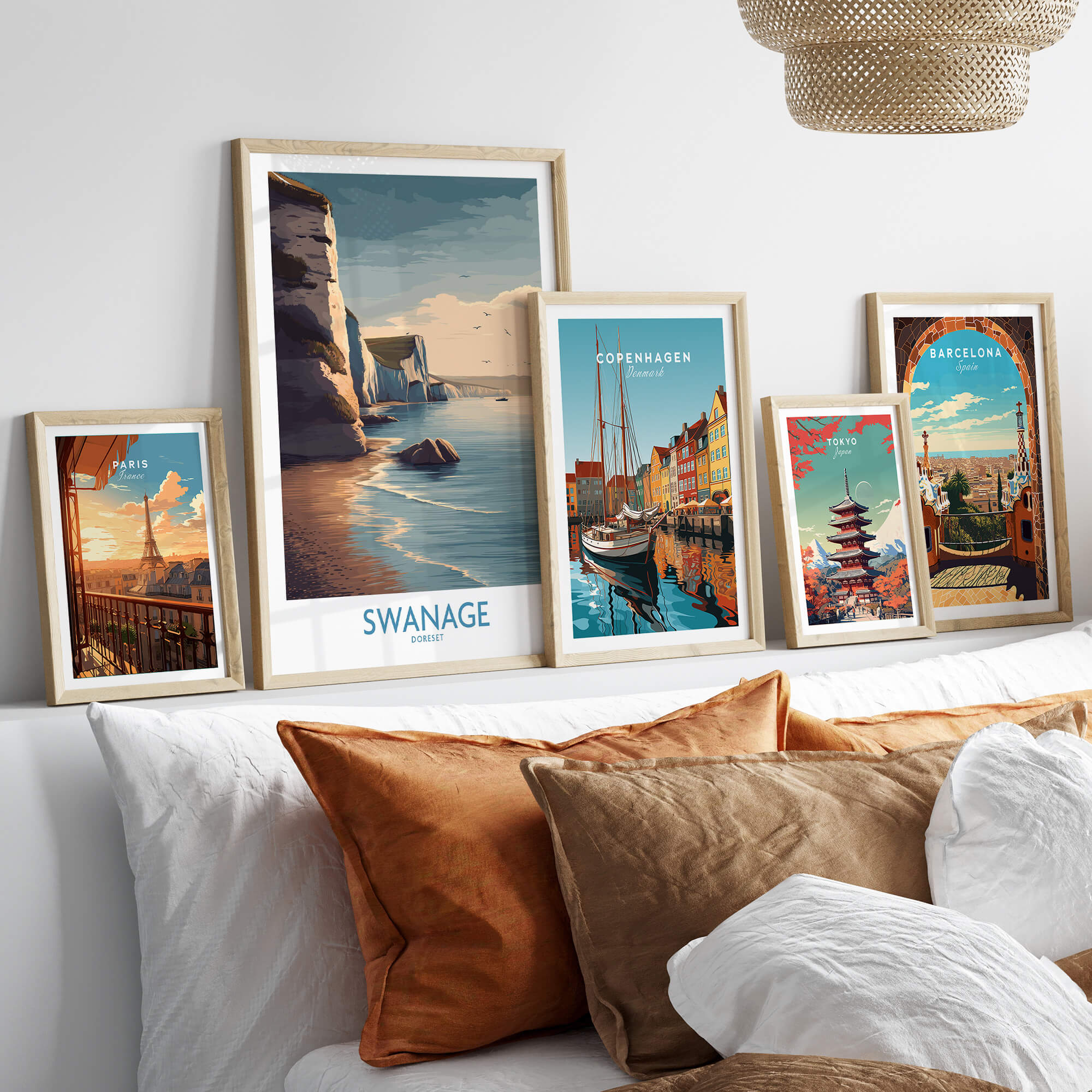 Swanage Poster Dorset | White Cliffs Coastal Landscape Canvas Print displayed with other travel posters.