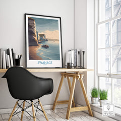 Swanage Poster Dorset | White Cliffs Coastal Landscape Canvas Print displayed in a stylish indoor setting with a modern desk.