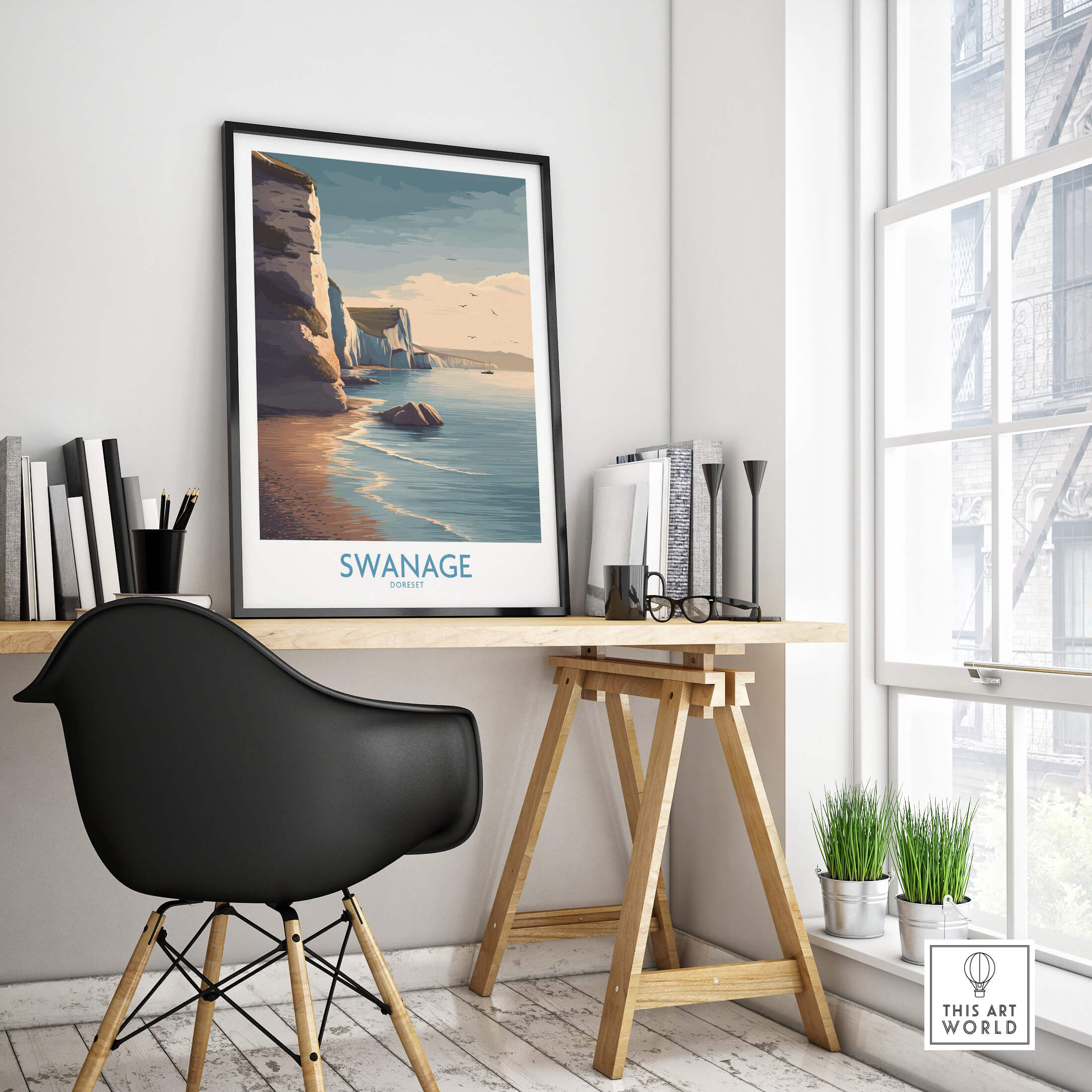 Swanage Poster Dorset | White Cliffs Coastal Landscape Canvas Print displayed in a stylish indoor setting with a modern desk.