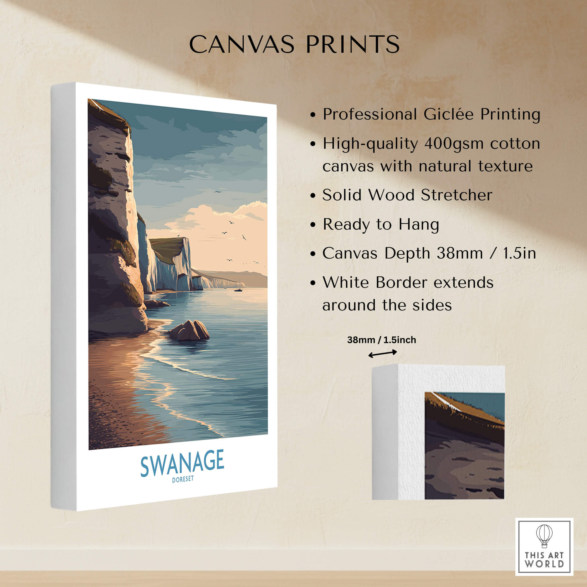 Swanage Poster Dorset | White Cliffs Coastal Landscape Canvas Print showcasing the coastal landscape and printing details.