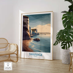 Swanage Poster Dorset | White Cliffs Coastal Landscape Canvas Print displayed in a stylish interior setting.