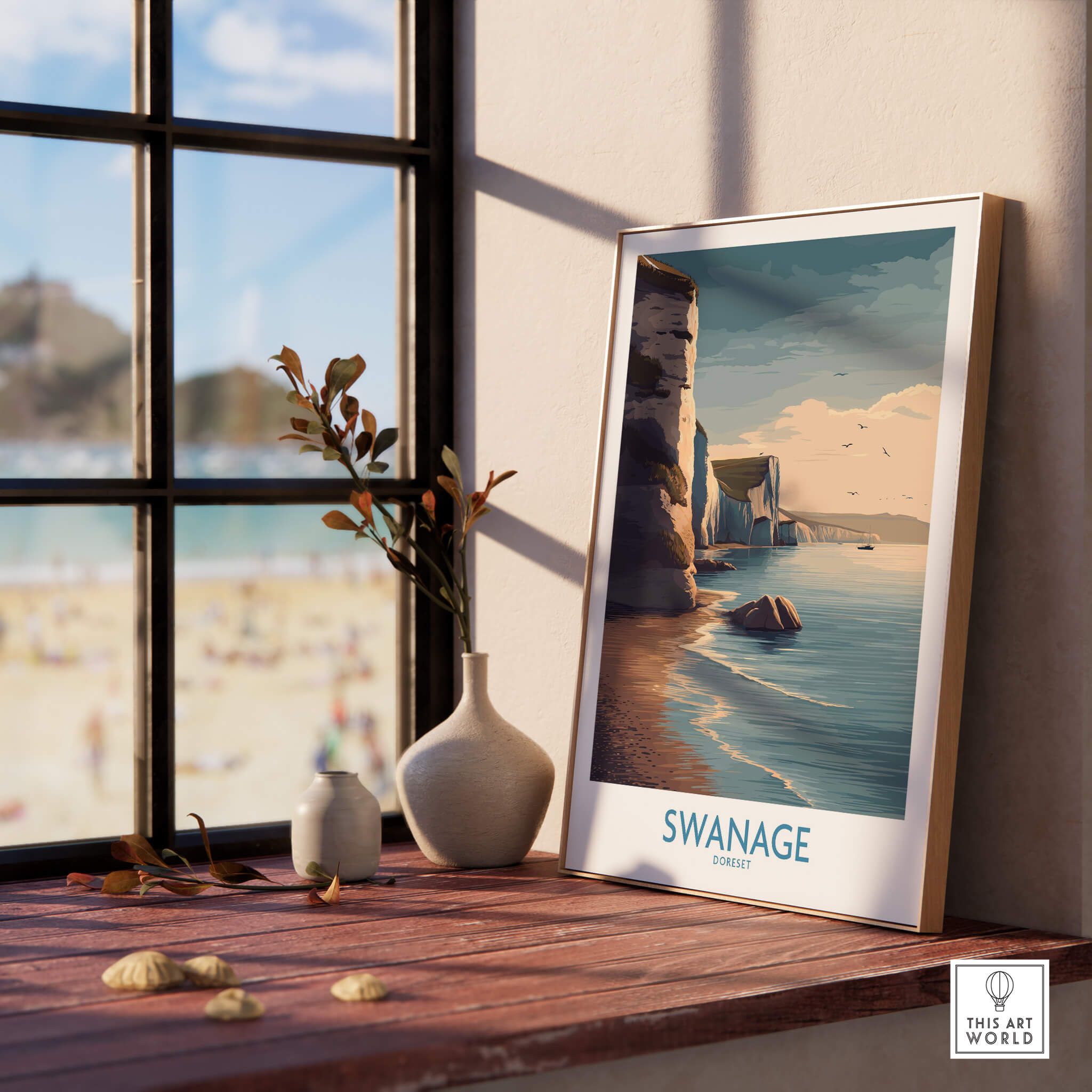 Swanage Poster Dorset | White Cliffs Coastal Landscape Canvas Print displayed on a wooden shelf by a window with a beach view.