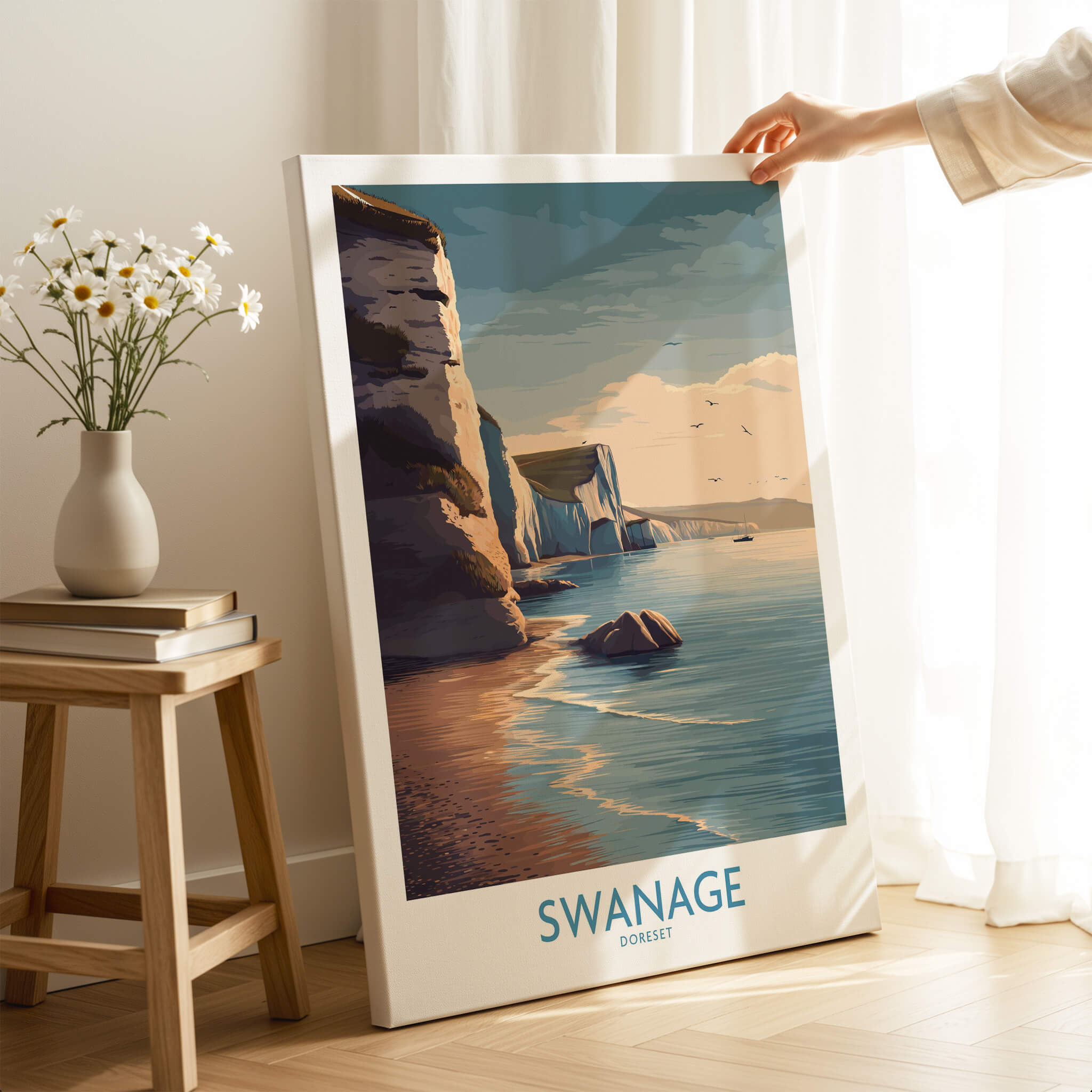 Swanage Poster Dorset | White Cliffs Coastal Landscape Canvas Print showcasing cliffs and turquoise waters.