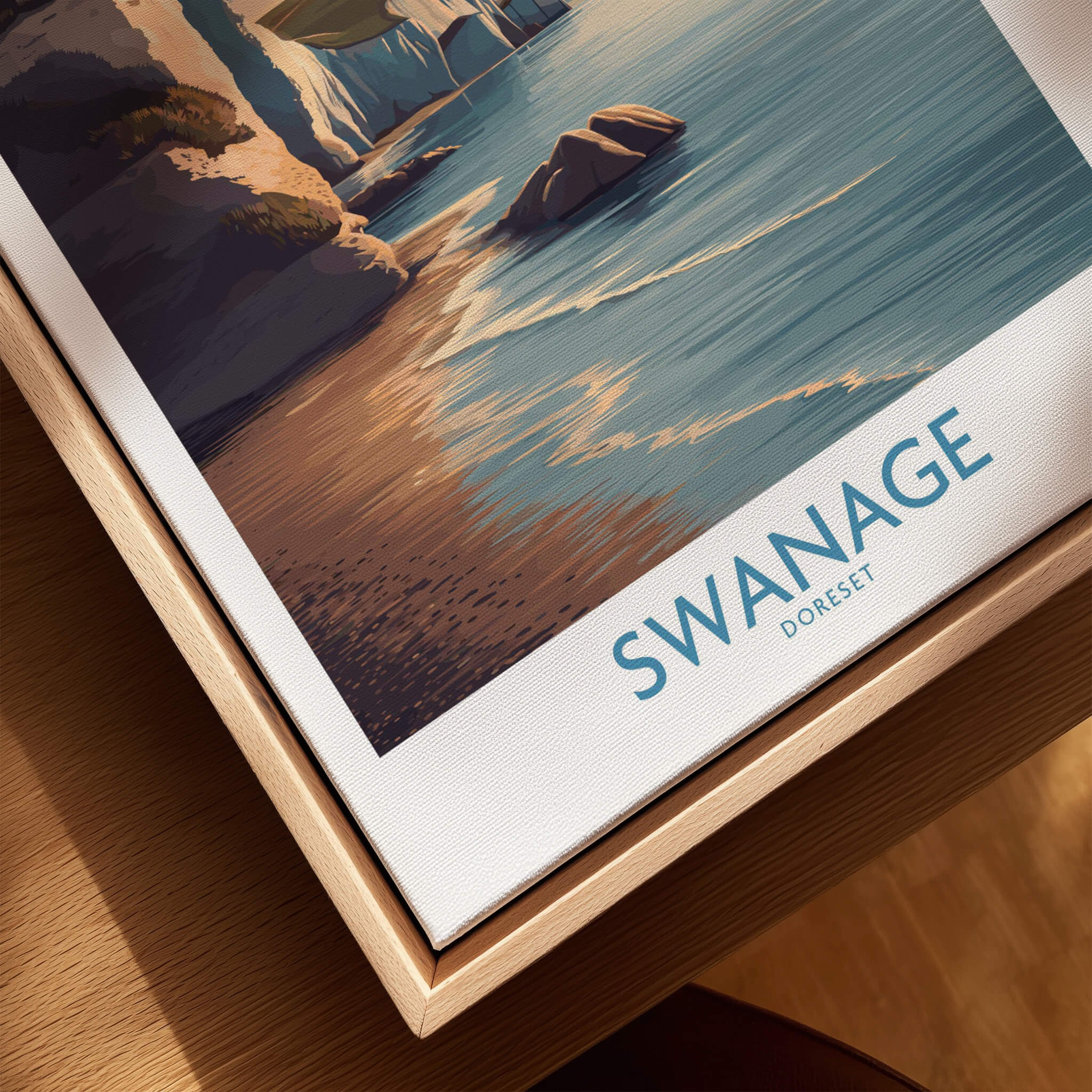 Swanage Poster Dorset | White Cliffs Coastal Landscape Canvas Print displayed on a wooden frame.