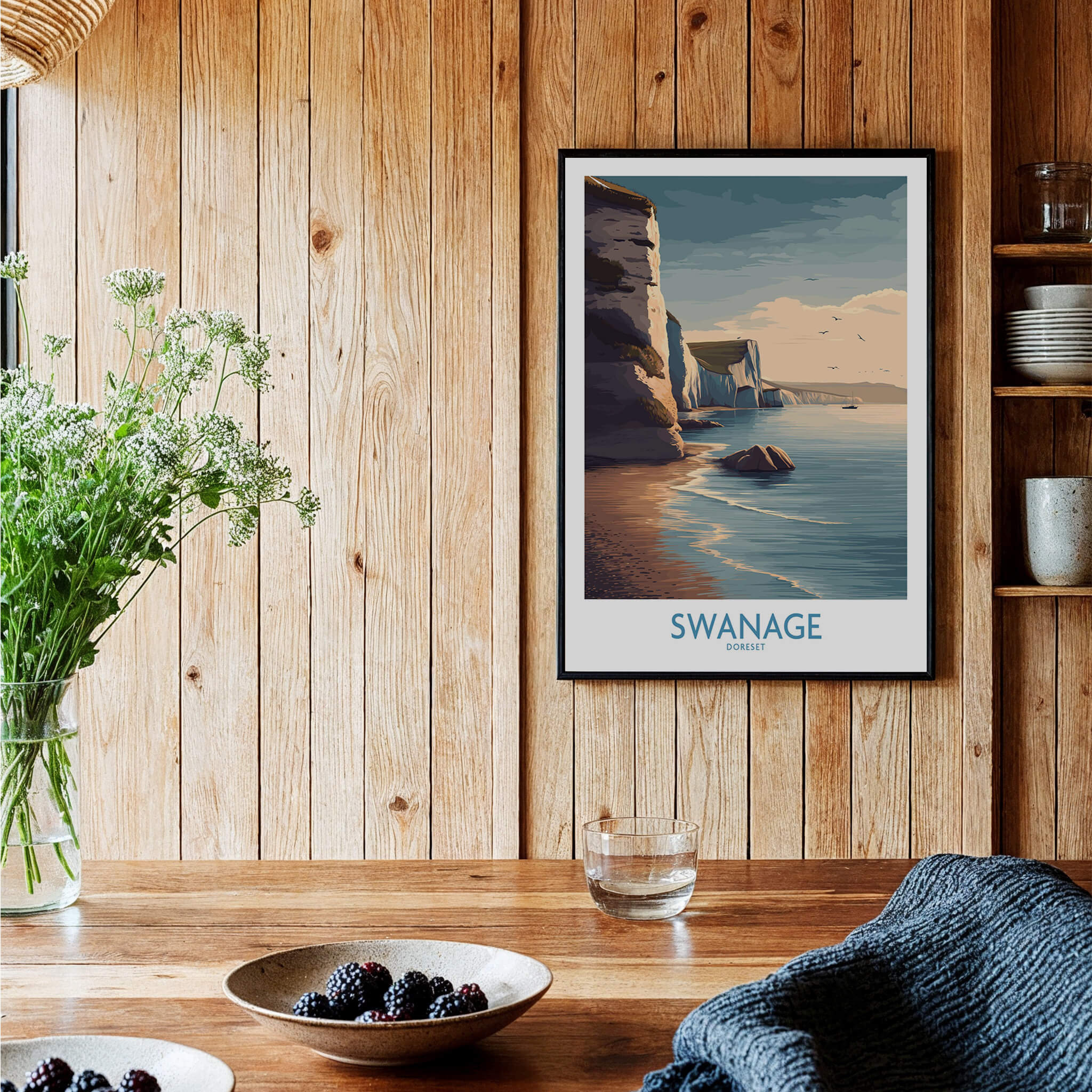 Swanage Poster Dorset | White Cliffs Coastal Landscape Canvas Print showcased in a rustic interior setting.