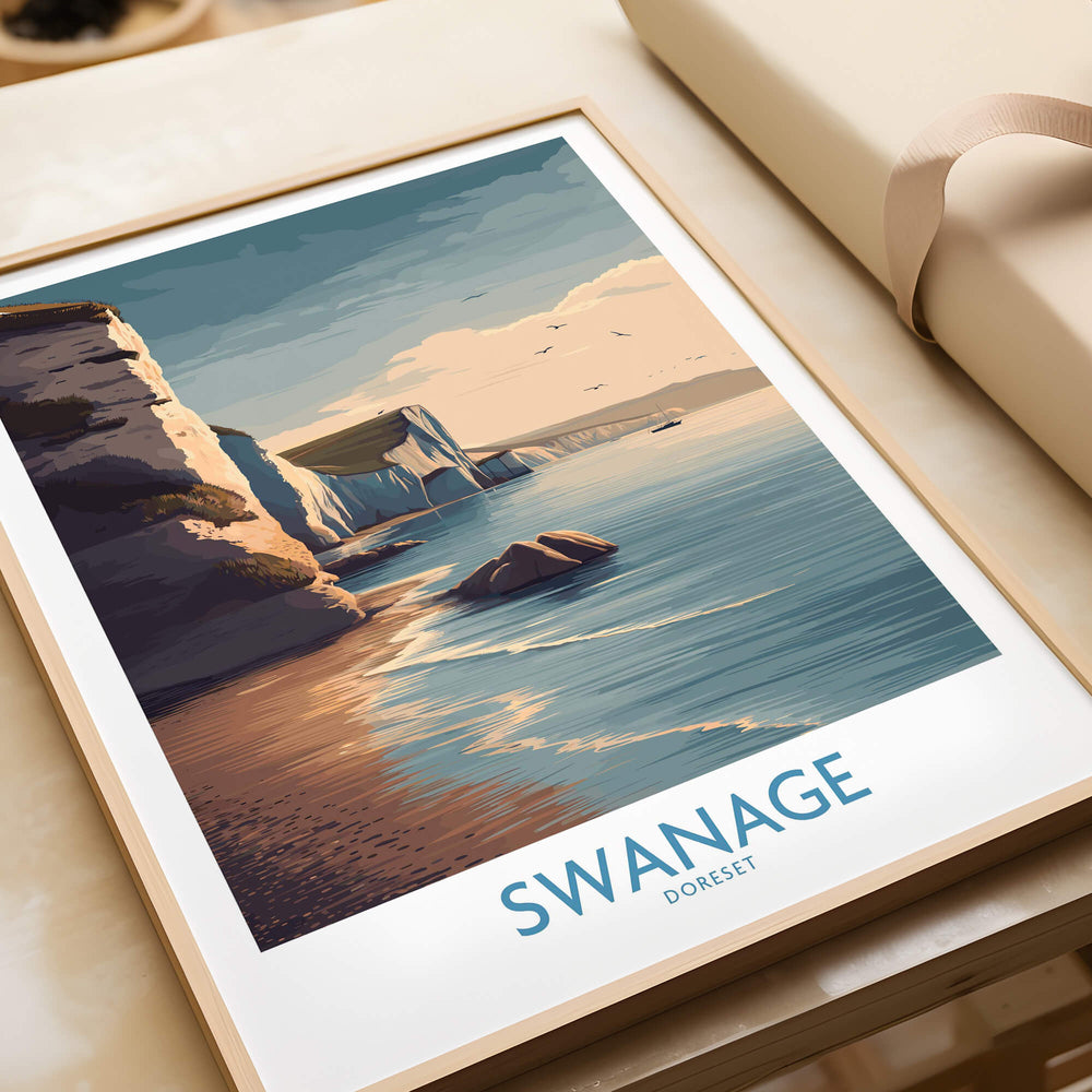 Swanage Poster Dorset | White Cliffs Coastal Landscape Canvas Print displayed on a tabletop with coastal scenery.