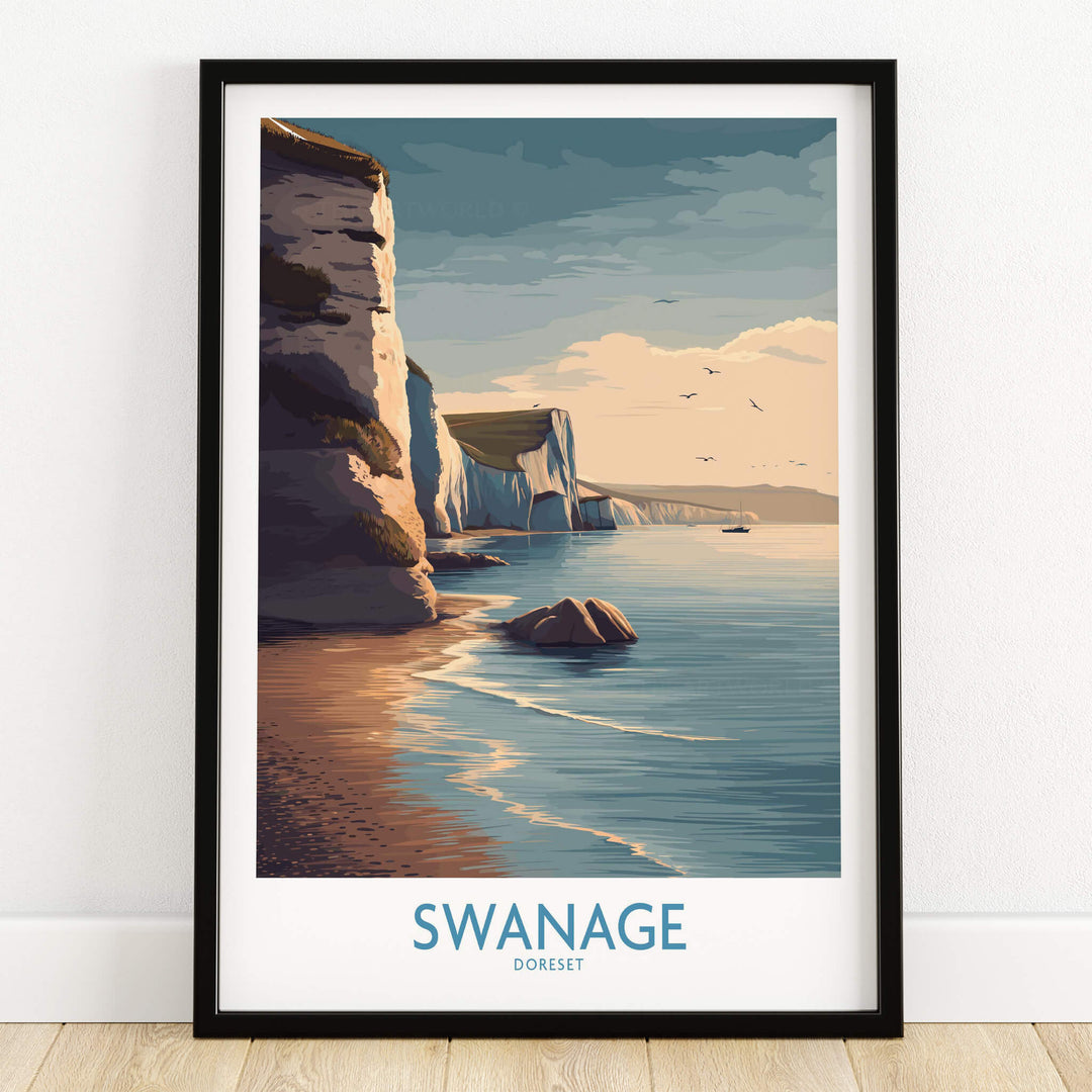 Swanage Poster Dorset | White Cliffs Coastal Landscape Canvas Print framed art depicting stunning cliffs and serene ocean.