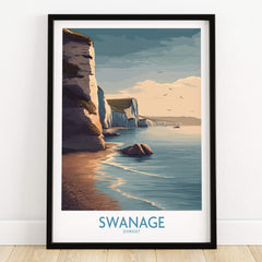Swanage Poster Dorset | White Cliffs Coastal Landscape Canvas Print framed art depicting stunning cliffs and serene ocean.