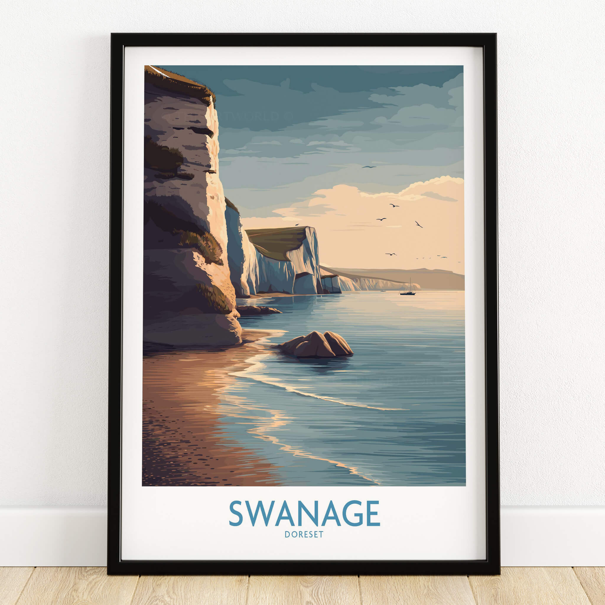 Swanage Poster Dorset | White Cliffs Coastal Landscape Canvas Print framed art depicting stunning cliffs and serene ocean.