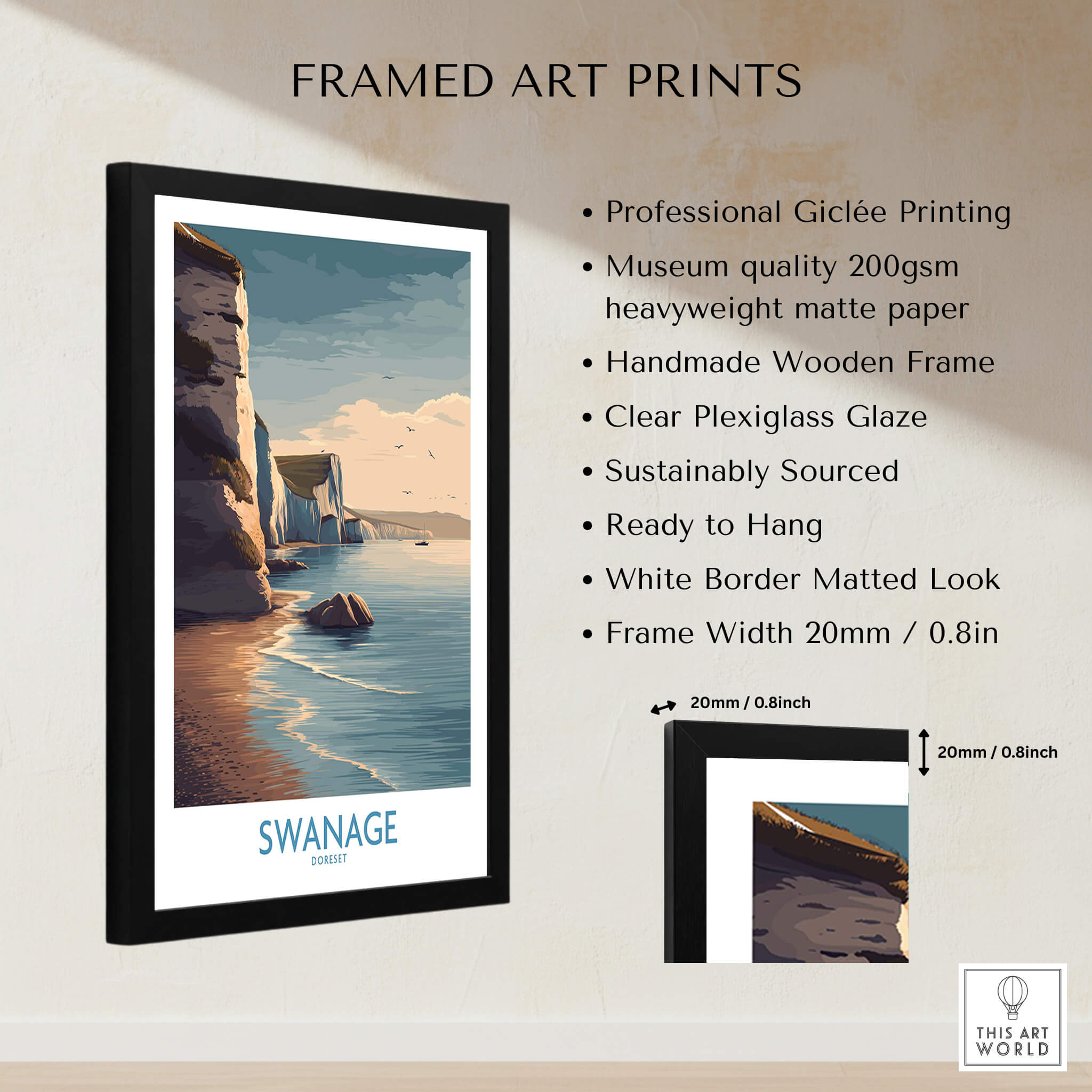 Swanage Poster Dorset | White Cliffs Coastal Landscape Canvas Print Framed Art with professional Giclée printing