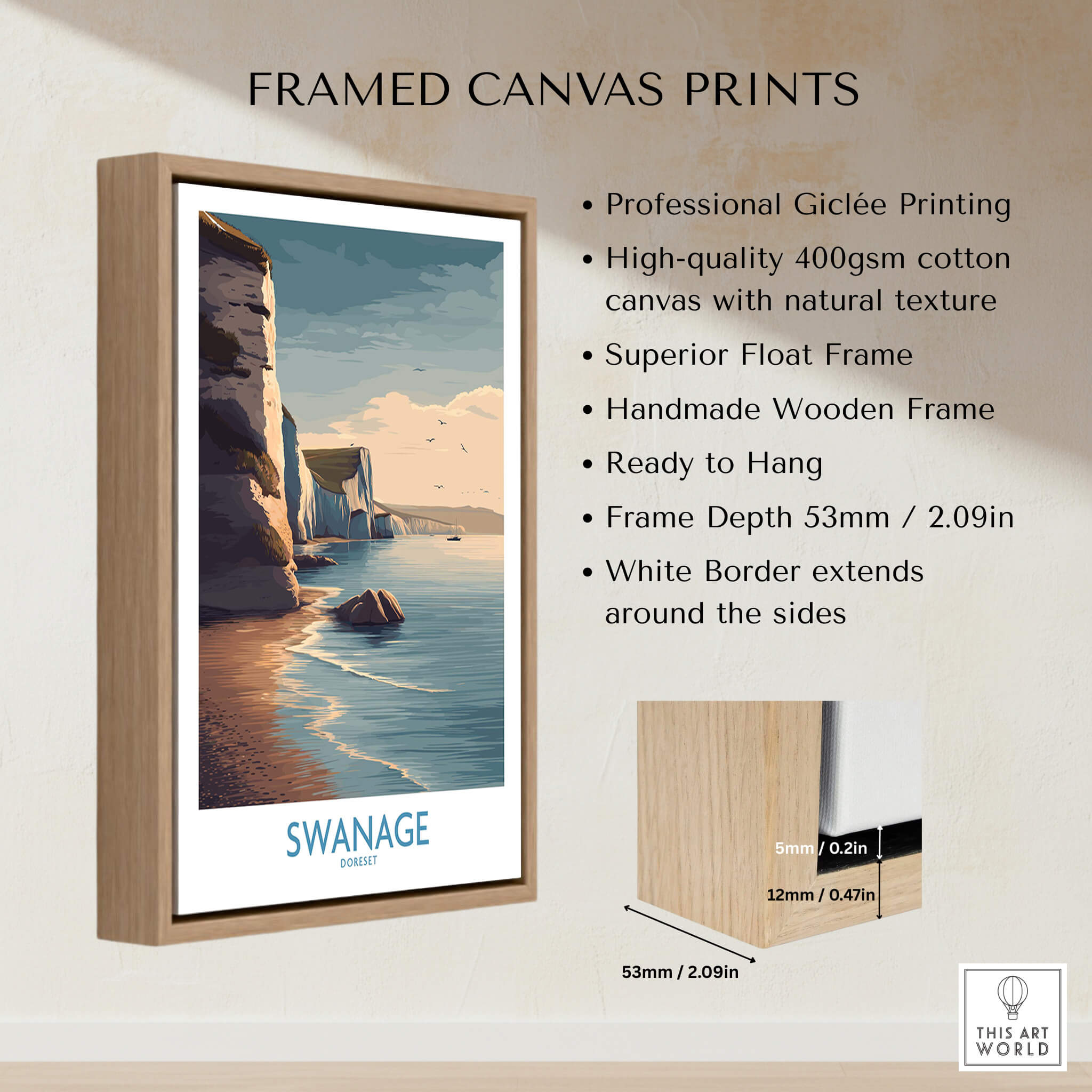 Swanage Poster Dorset | White Cliffs Coastal Landscape Canvas Print in a handmade wooden frame.