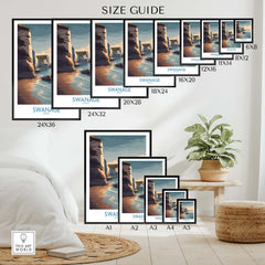 Swanage Poster Dorset | White Cliffs Coastal Landscape Canvas Print size guide showing various dimensions and framing options.