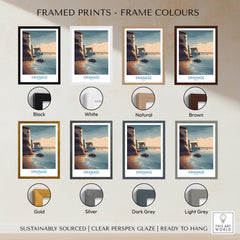 Swanage Poster Dorset | White Cliffs Coastal Landscape Canvas Print framed in various colors including black, white, natural, and brown.