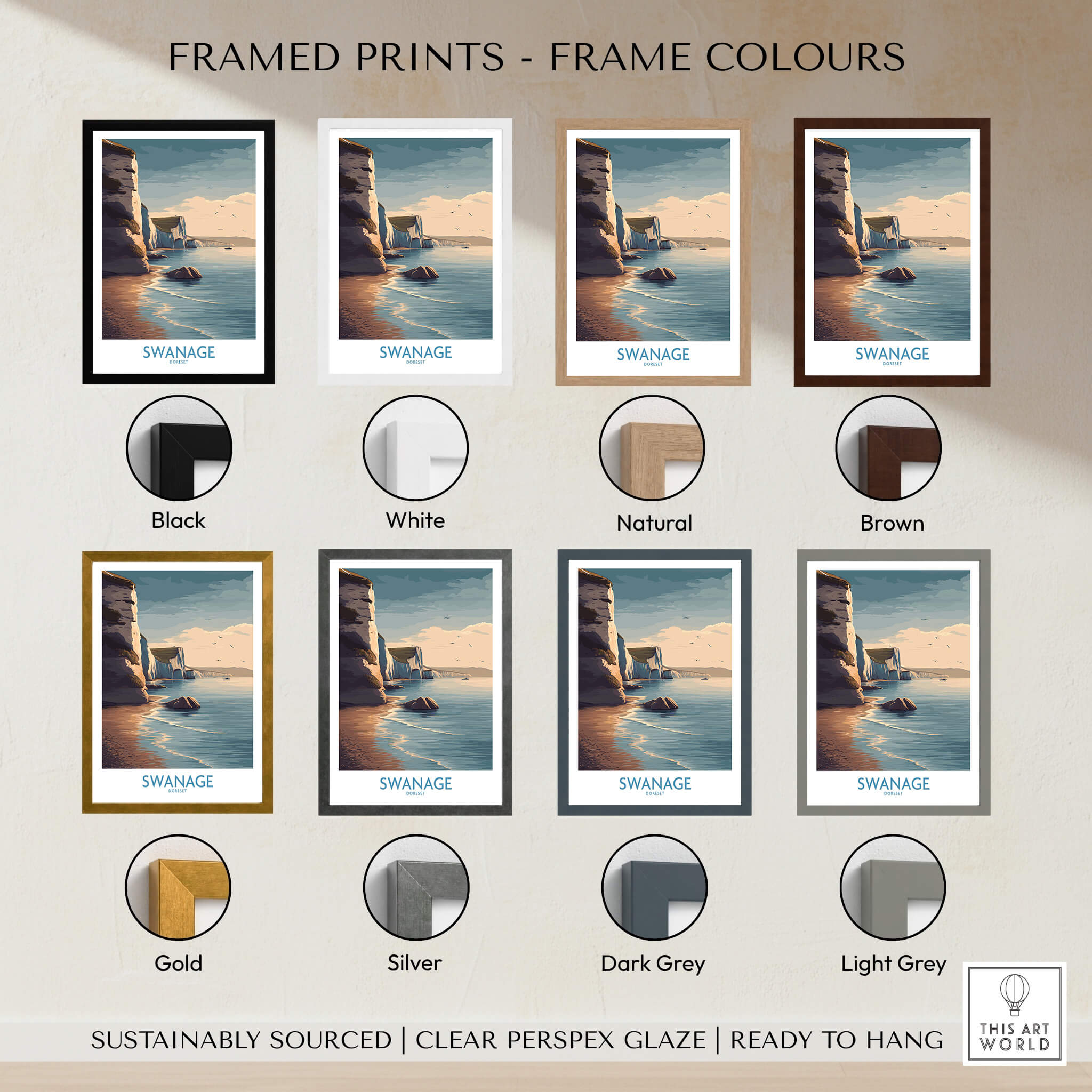 Swanage Poster Dorset | White Cliffs Coastal Landscape Canvas Print framed in various colors including black, white, natural, and brown.