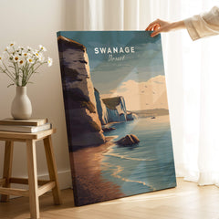 Swanage Print Dorset Wall Art | Old Harry Rocks Coastline Travel Poster capturing the cliffs and sea scenery.