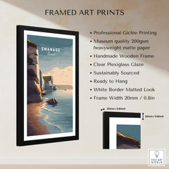 Swanage Print Dorset Wall Art | Old Harry Rocks Coastline Travel Poster in a stylish frame with clear plexiglass.