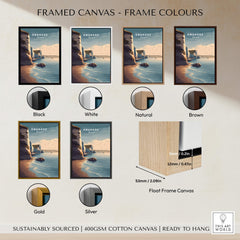 Framed canvas options for Swanage Print Dorset Wall Art | Old Harry Rocks Coastline Travel Poster in various colors.