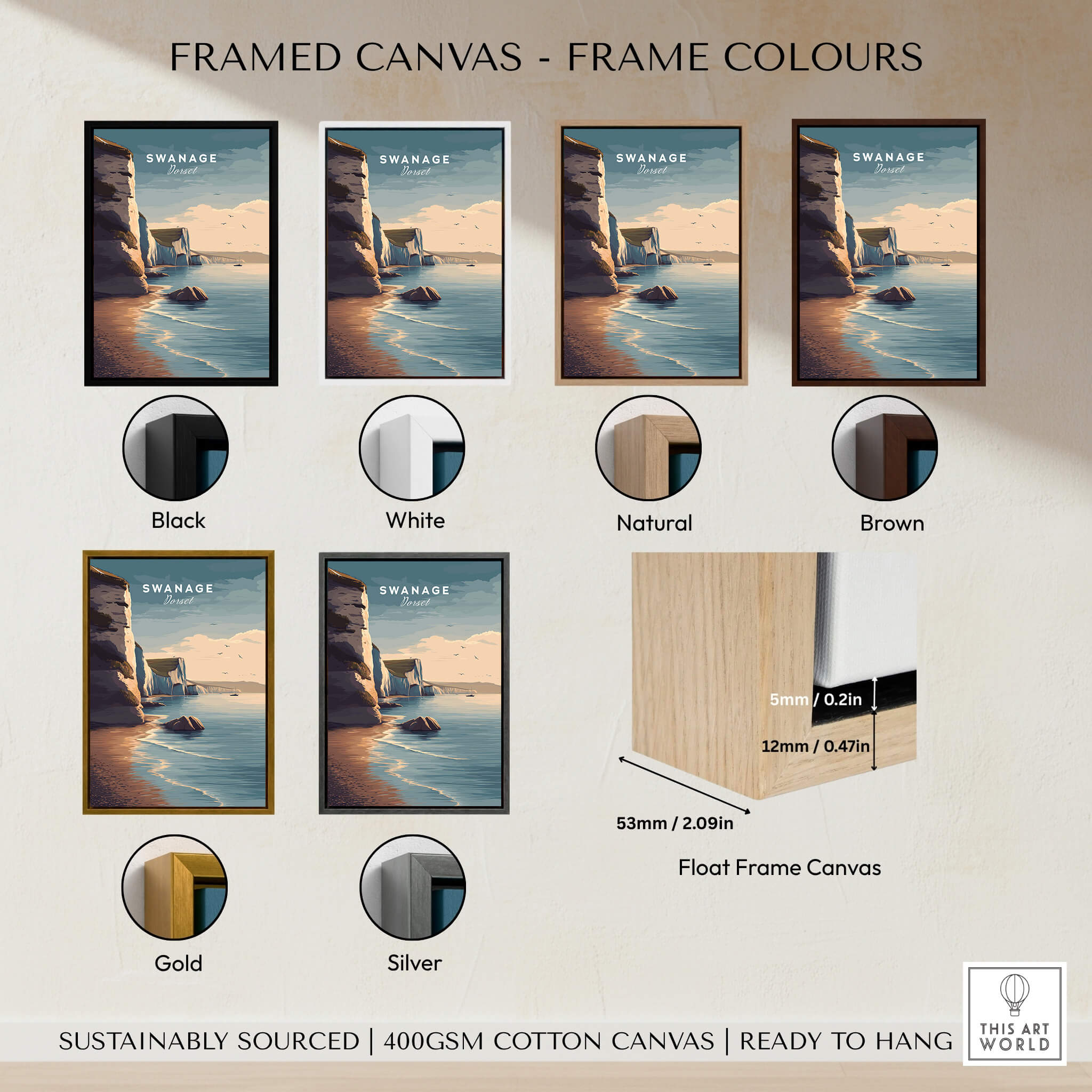 Framed canvas options for Swanage Print Dorset Wall Art | Old Harry Rocks Coastline Travel Poster in various colors.