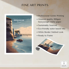 Swanage Print Dorset Wall Art | Old Harry Rocks Coastline Travel Poster showcasing stunning chalk cliffs and turquoise waters.