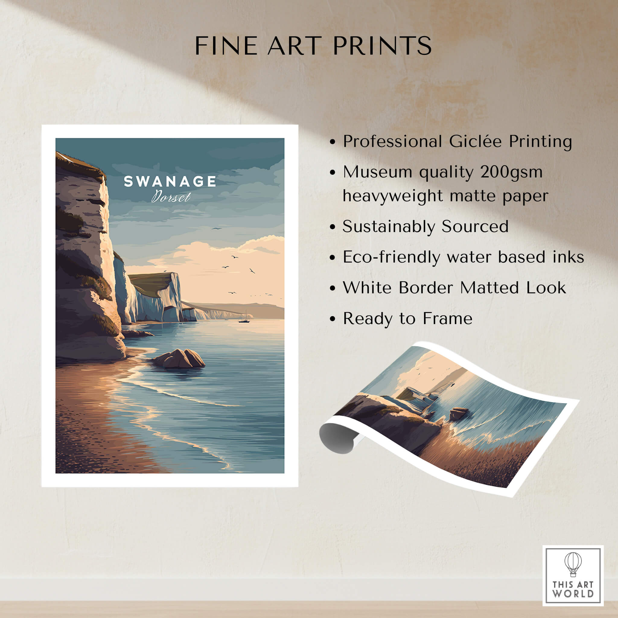 Swanage Print Dorset Wall Art | Old Harry Rocks Coastline Travel Poster showcasing stunning chalk cliffs and turquoise waters.