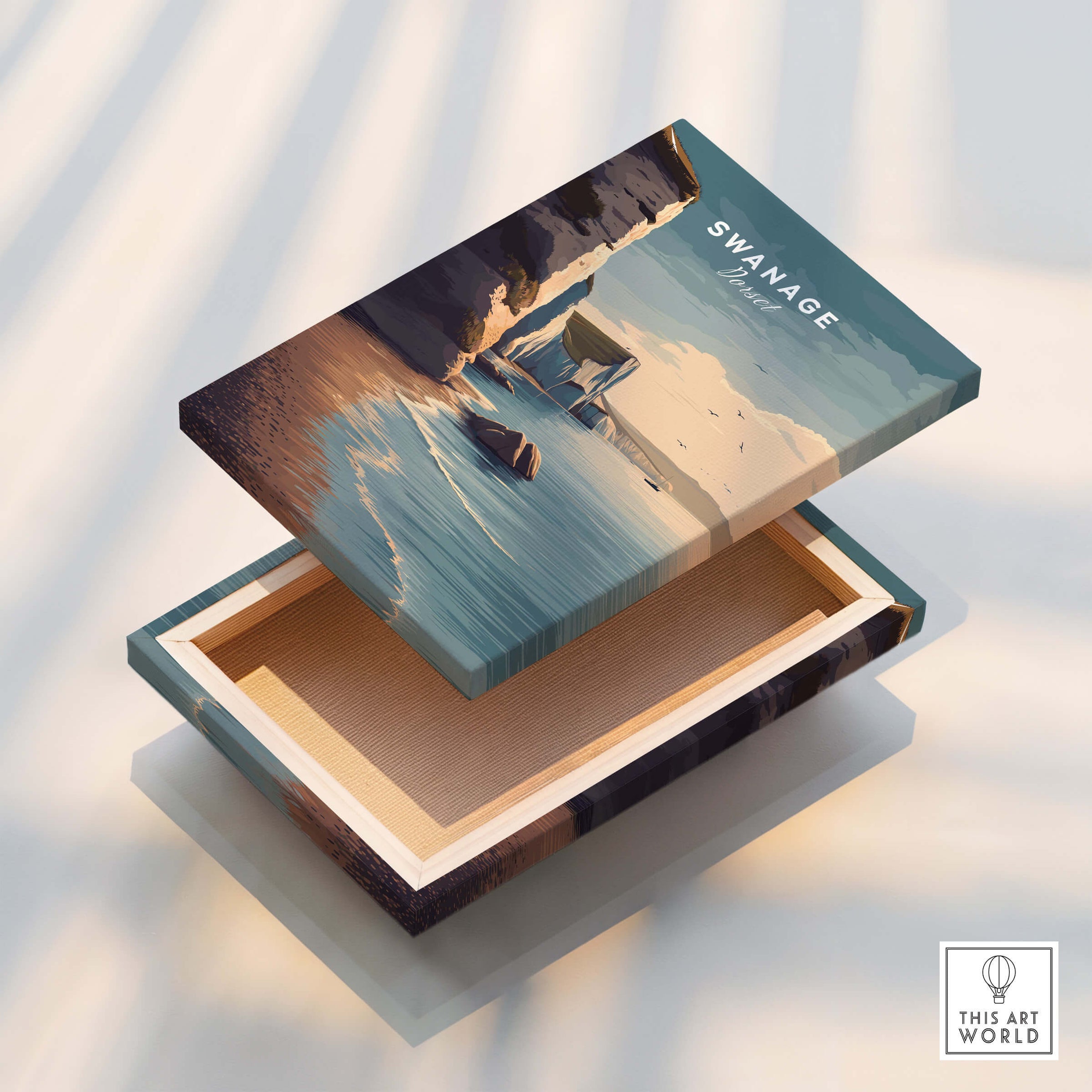 Swanage Print Dorset Wall Art | Old Harry Rocks Coastline Travel Poster box featuring stunning coastal imagery.