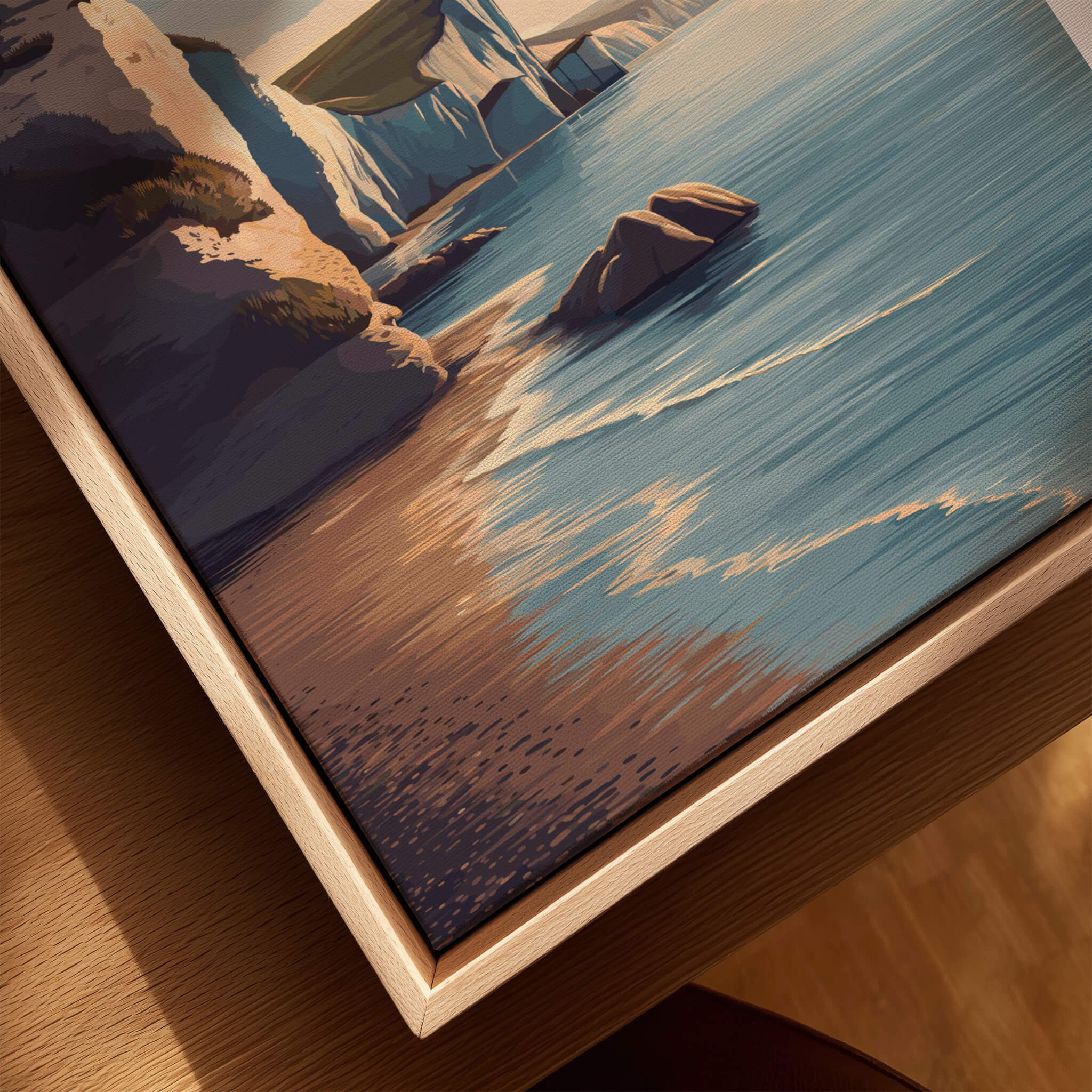 Swanage Print Dorset Wall Art | Old Harry Rocks Coastline Travel Poster featuring scenic cliffs and turquoise waters.