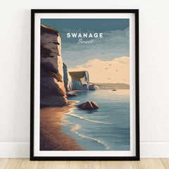 Swanage Print Dorset Wall Art | Old Harry Rocks Coastline Travel Poster featuring stunning cliffs and turquoise waters.