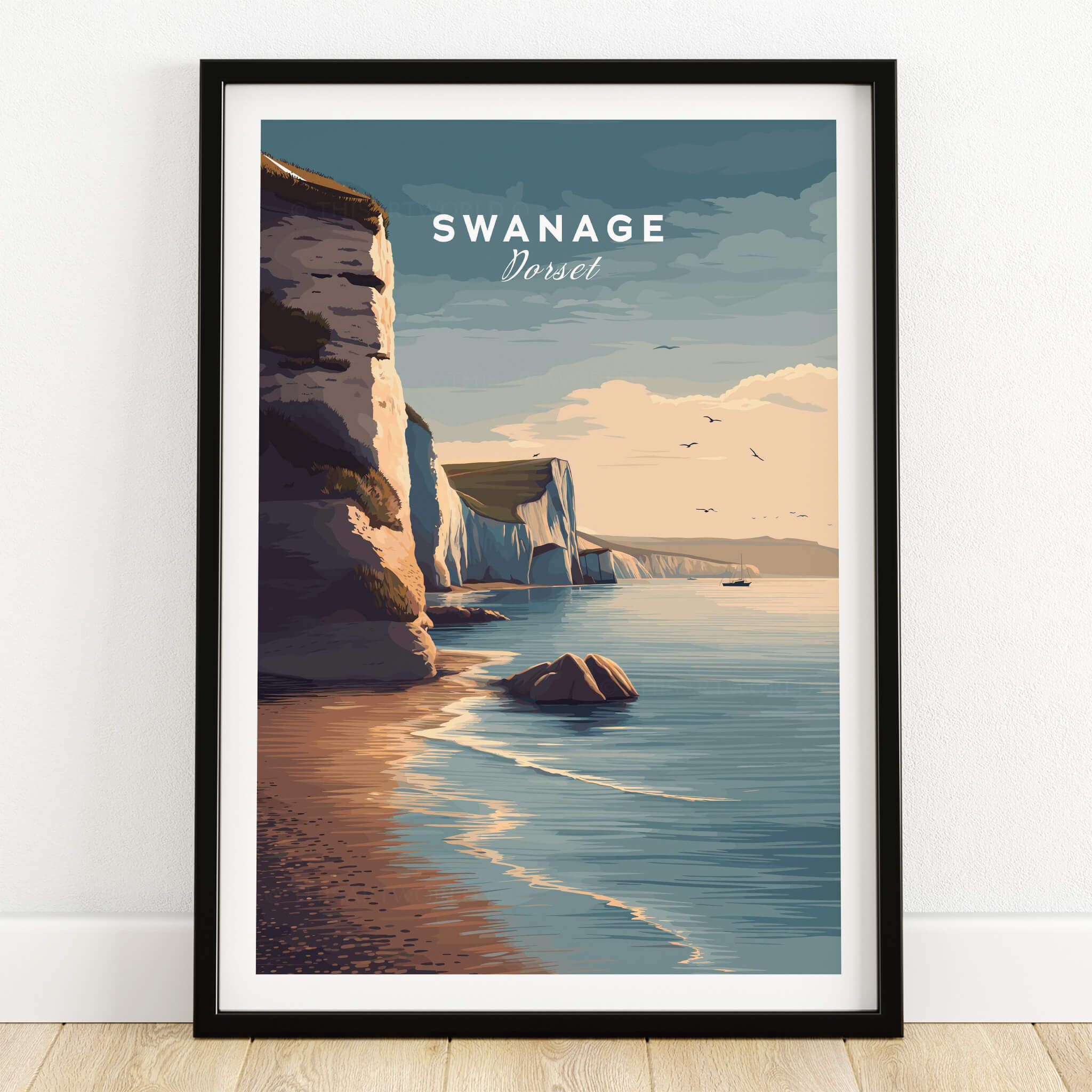 Swanage Print Dorset Wall Art | Old Harry Rocks Coastline Travel Poster featuring stunning cliffs and turquoise waters.