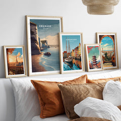 Swanage Print Dorset Wall Art | Old Harry Rocks Coastline Travel Poster displayed in a stylish interior setup.