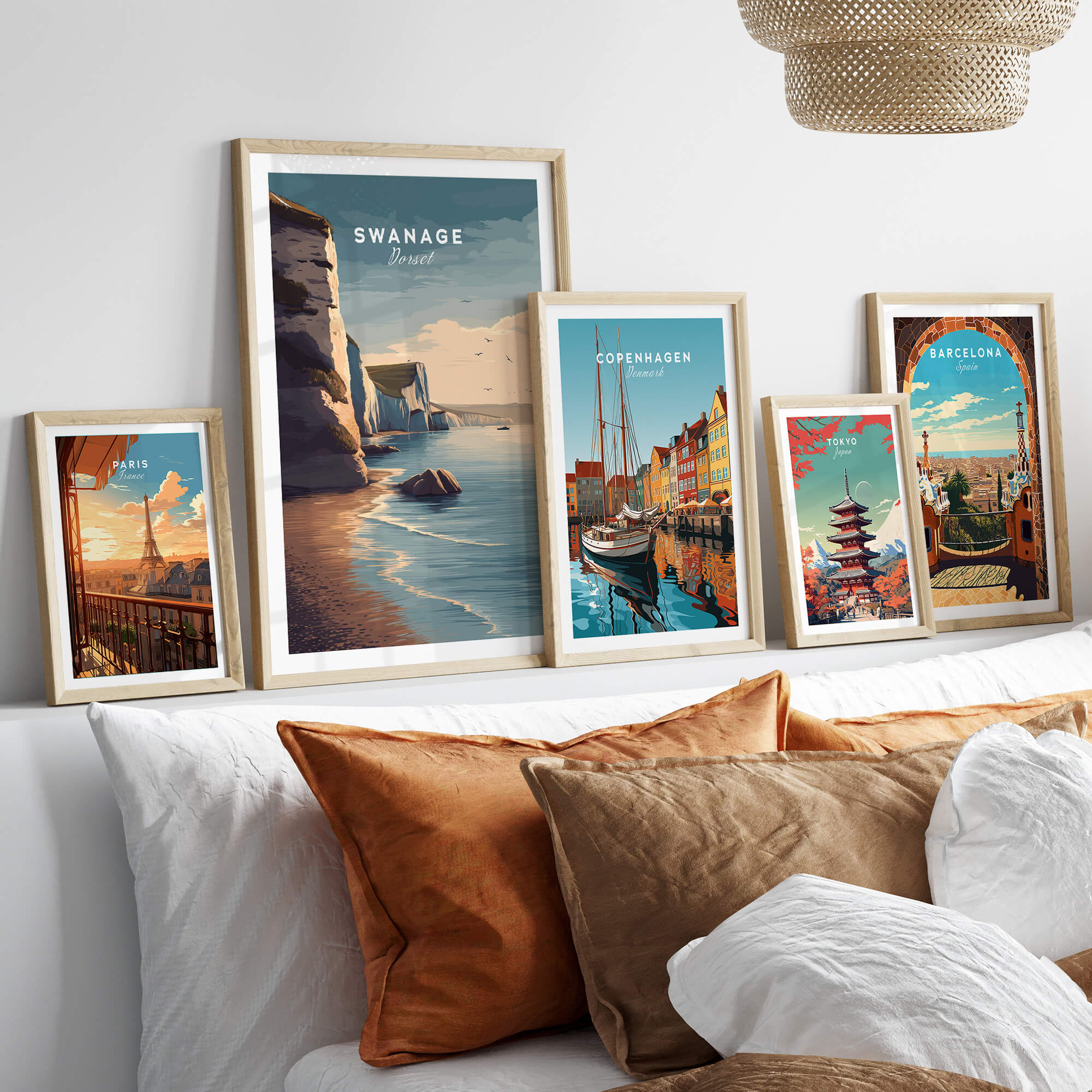 Swanage Print Dorset Wall Art | Old Harry Rocks Coastline Travel Poster displayed in a stylish interior setup.