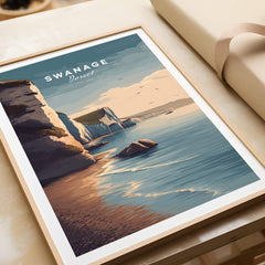 Swanage Print Dorset Wall Art | Old Harry Rocks Coastline Travel Poster, featuring dramatic cliffs and turquoise waters.