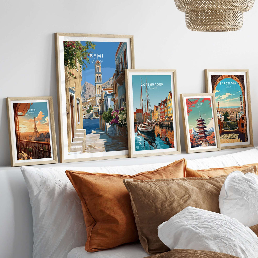 Symi Poster - Dodecanese Island Bell Tower Print | Greek Home Decor displayed among travel prints in a stylish living room.