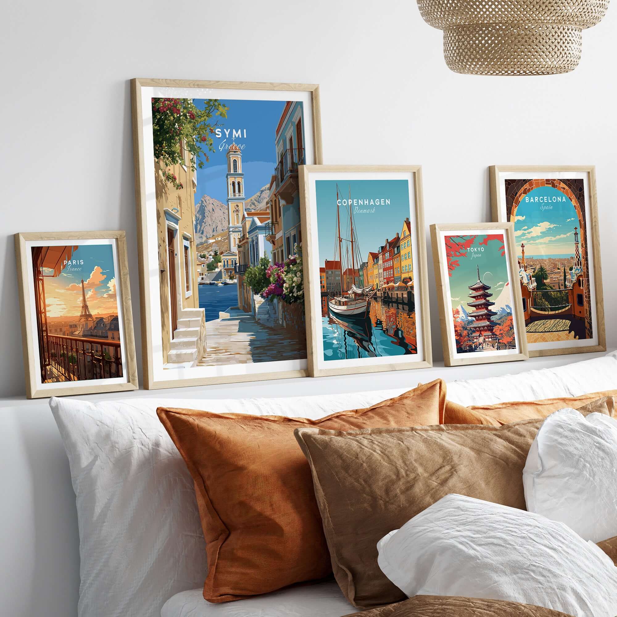 Symi Poster - Dodecanese Island Bell Tower Print | Greek Home Decor displayed in an elegant home setting with other travel prints.