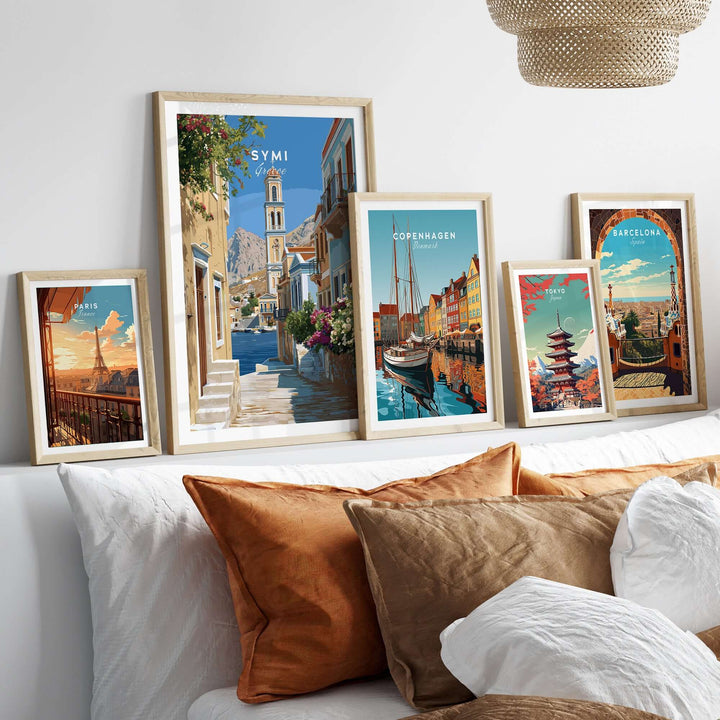 Symi Poster - Dodecanese Island Bell Tower Print | Greek Home Decor displayed among travel prints in a stylish living room.