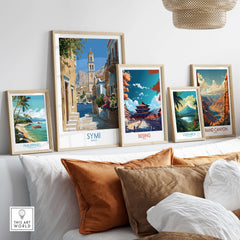 Symi Greece Art Print Greek Poster displayed among other travel posters on a stylish wall.