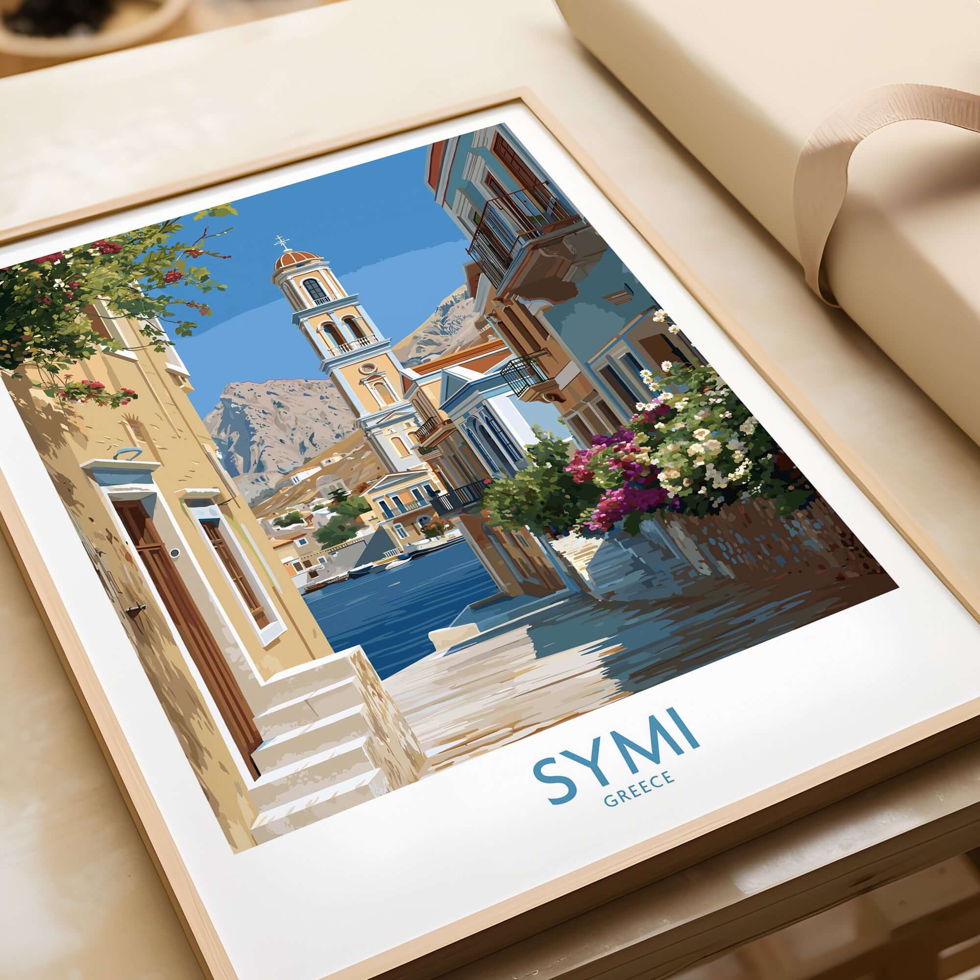 Symi Greece Art Print Greek Poster featuring colorful architecture and coastal views of Symi.