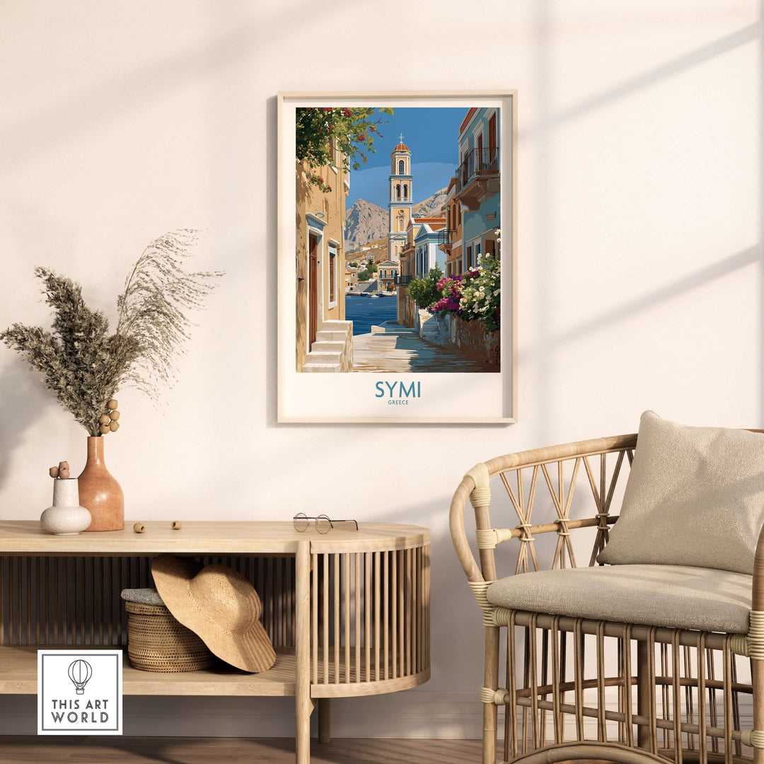 Symi Greece Art Print Greek Poster featuring colorful architecture and coastal views in a stylish home setting.