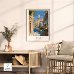 Symi Greece Art Print Greek Poster framed in a stylish living room with coastal decor and natural light.