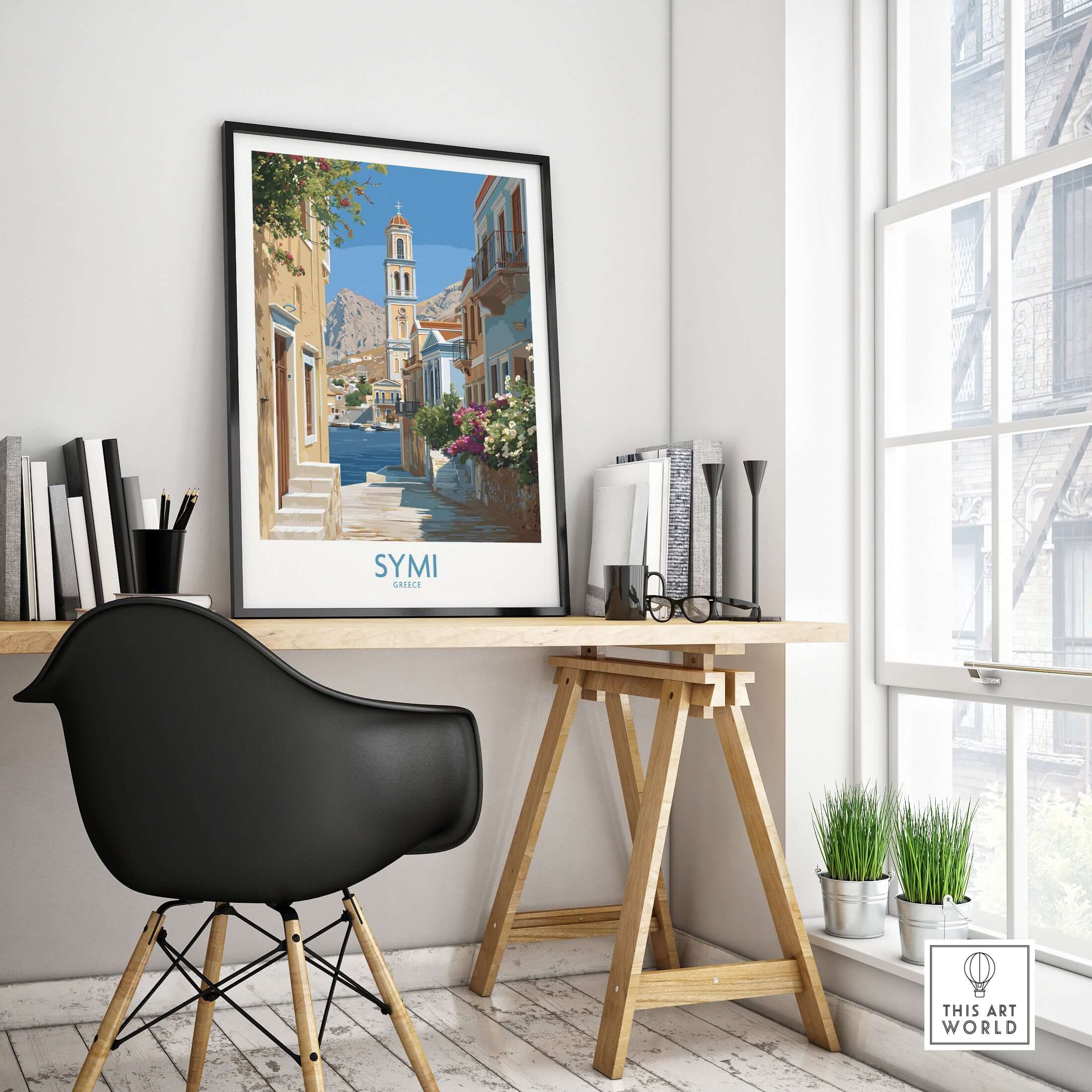 Symi Greece Art Print Greek Poster displayed in a stylish workspace, featuring vibrant architecture and serene coastal views.