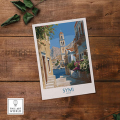 Symi Greece Art Print Greek Poster featuring colorful architecture and coastal views of Symi on textured wood background.