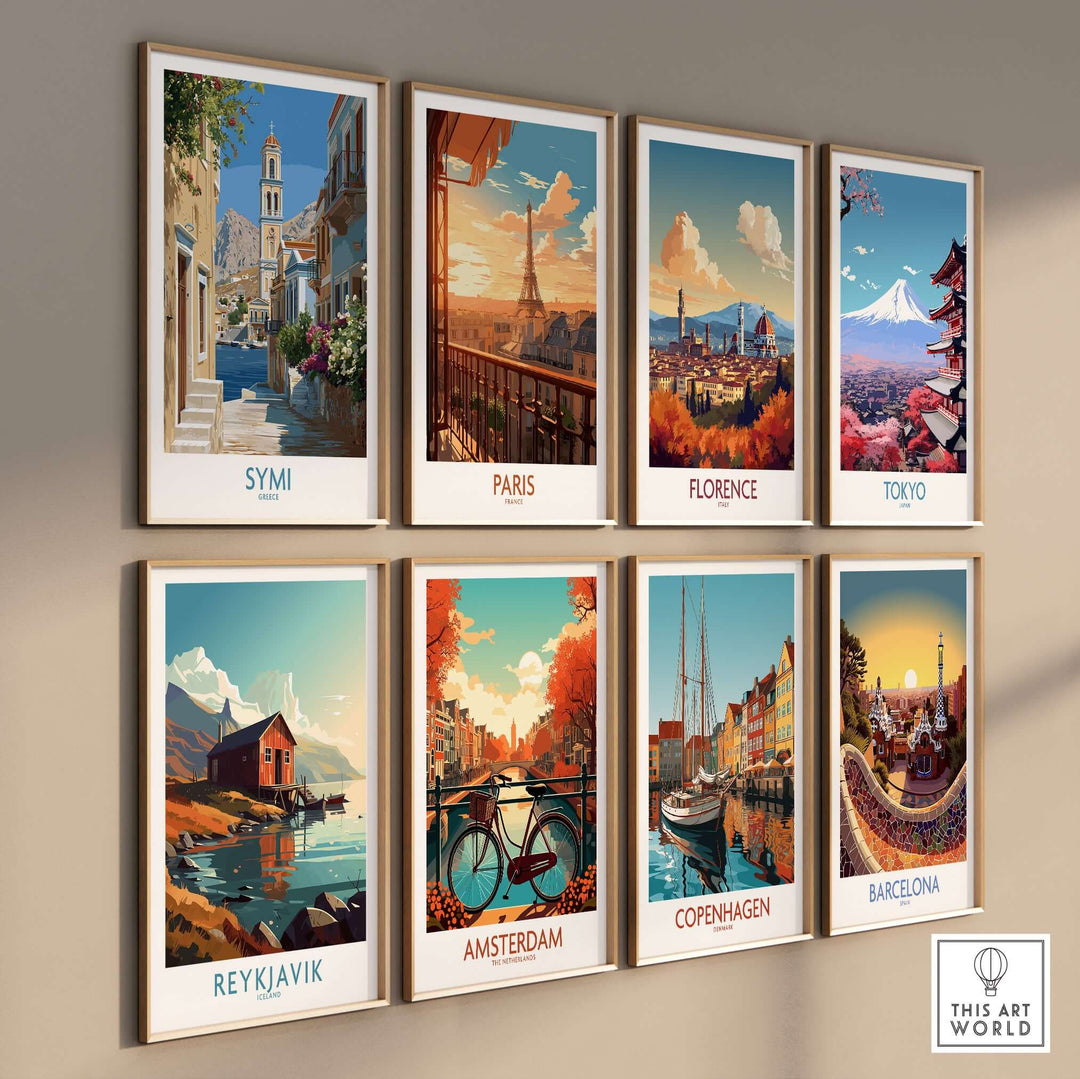Symi Greece Art Print Greek Poster featuring vibrant architecture and coastal views among travel-themed posters on a wall.