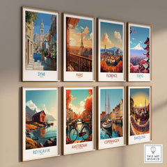 Symi Greece Art Print Greek Poster displayed among other city art prints on a wall showcasing vibrant designs.