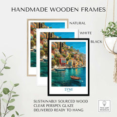 Symi Greece Art Print | Harbour Boats Seascape Poster showcased with handmade wooden frames in natural, white, and black.