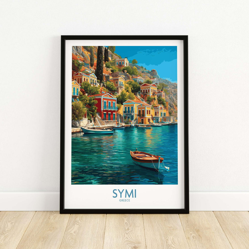Symi Greece  Art Print | Harbour Boats Seascape Poster featuring colorful architecture and serene coastal views.