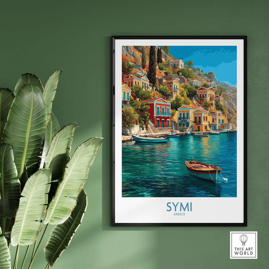 Symi Greece  Art Print | Harbour Boats Seascape Poster featuring colorful architecture and serene coastal views.