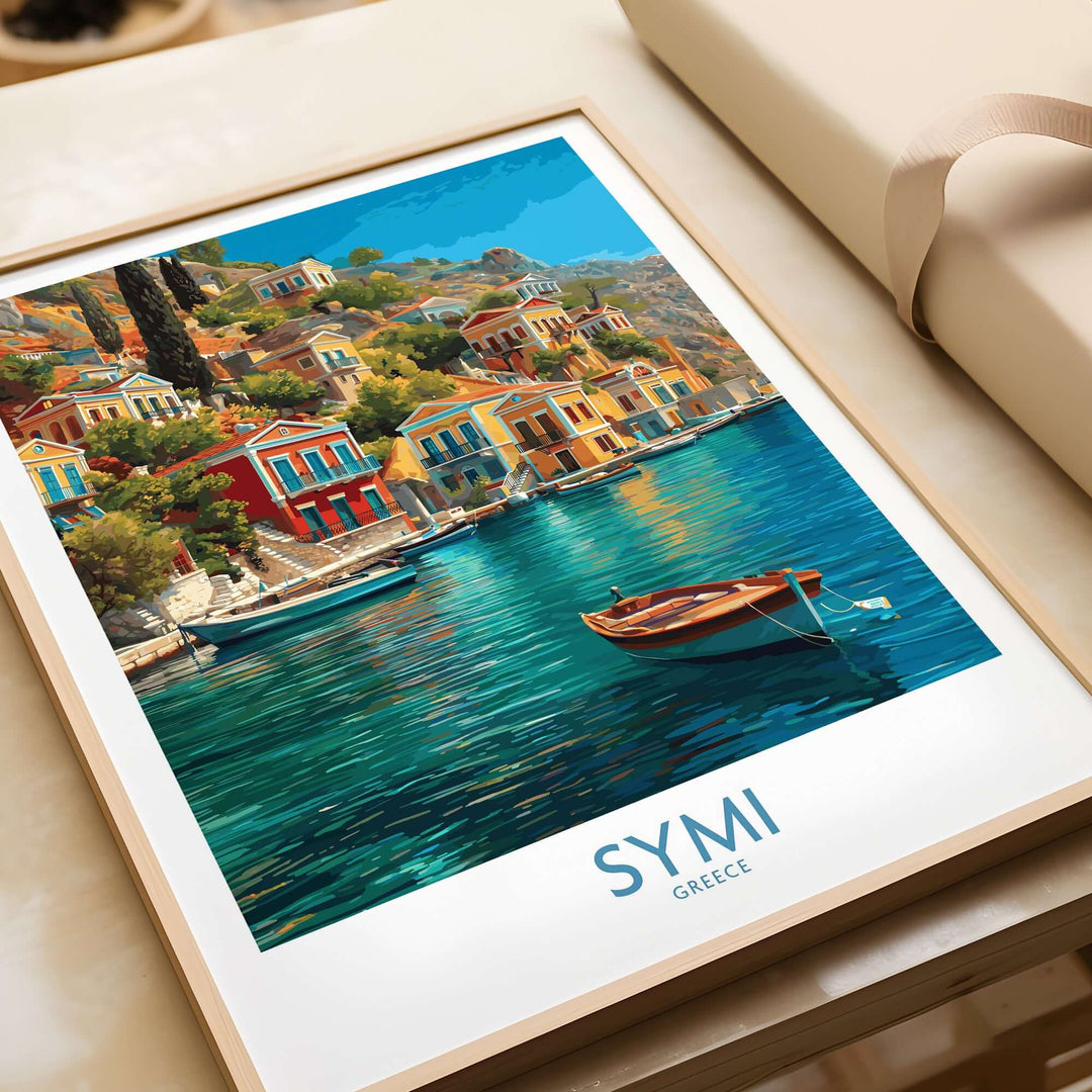 Symi Greece Art Print | Harbour Boats Seascape Poster featuring vibrant coastal views and colorful architecture.