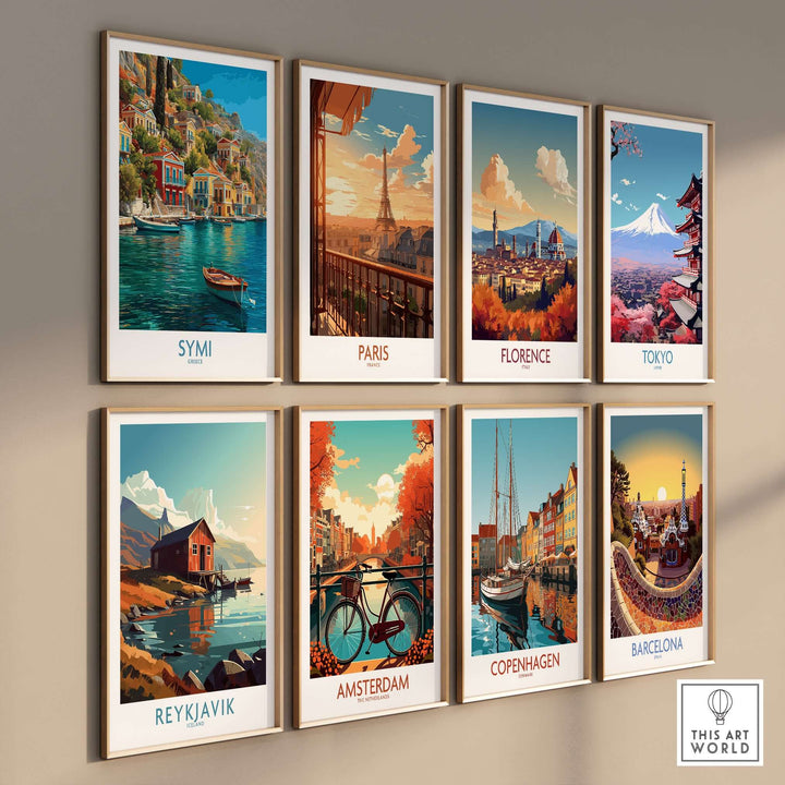 Symi Greece Art Print | Harbour Boats Seascape Poster displayed among other travel art prints on a wall.
